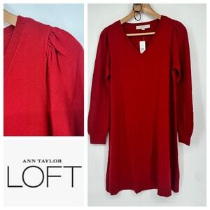 LOFT‎ Womens Sweater Dress Red Knit Long Sleeve V Neck Button Cuff Size S